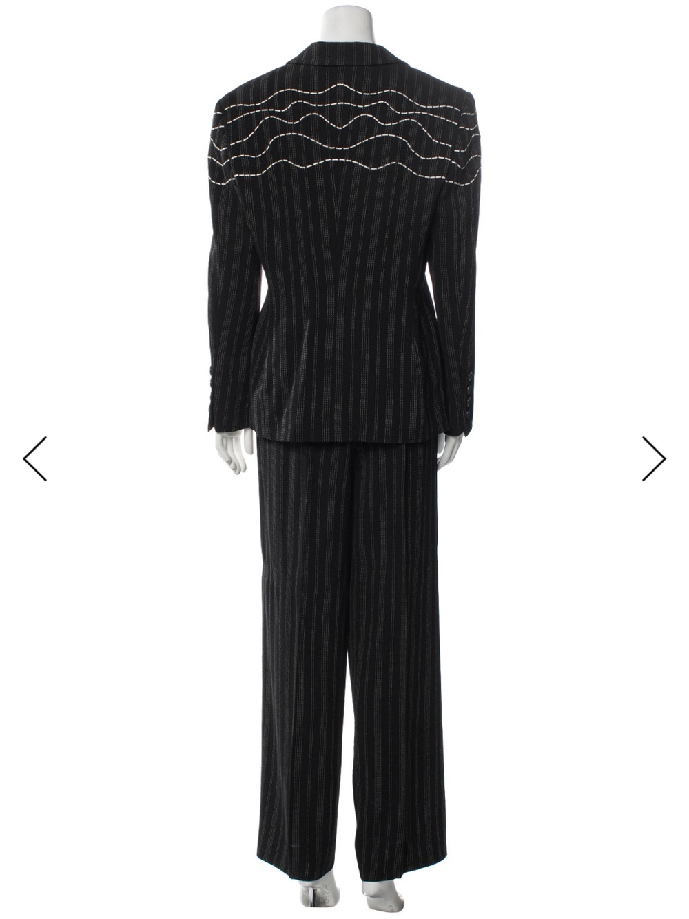 Escada Black Pinstripe Two-Piece Pantsuit with White Embroidered Detail